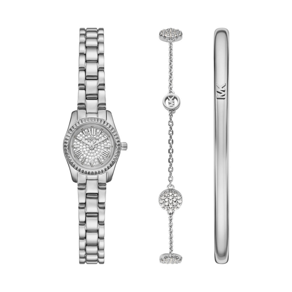 Silver watch, bracelet, and ring set on a white background