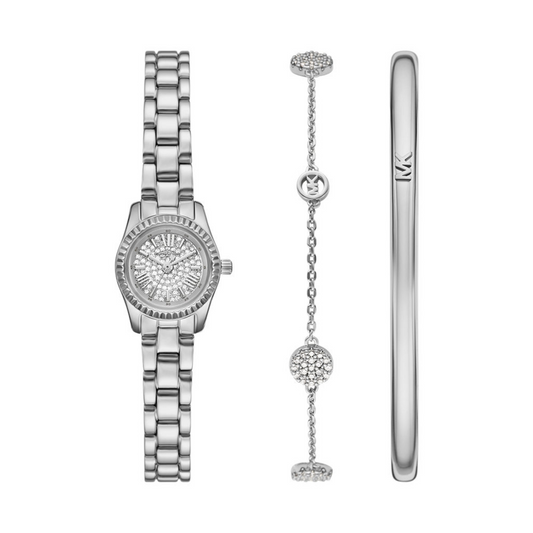 Silver watch, bracelet, and ring set on a white background
