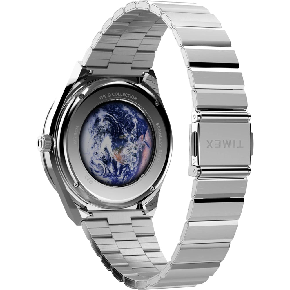 Silver smartwatch with a detailed face on a white background