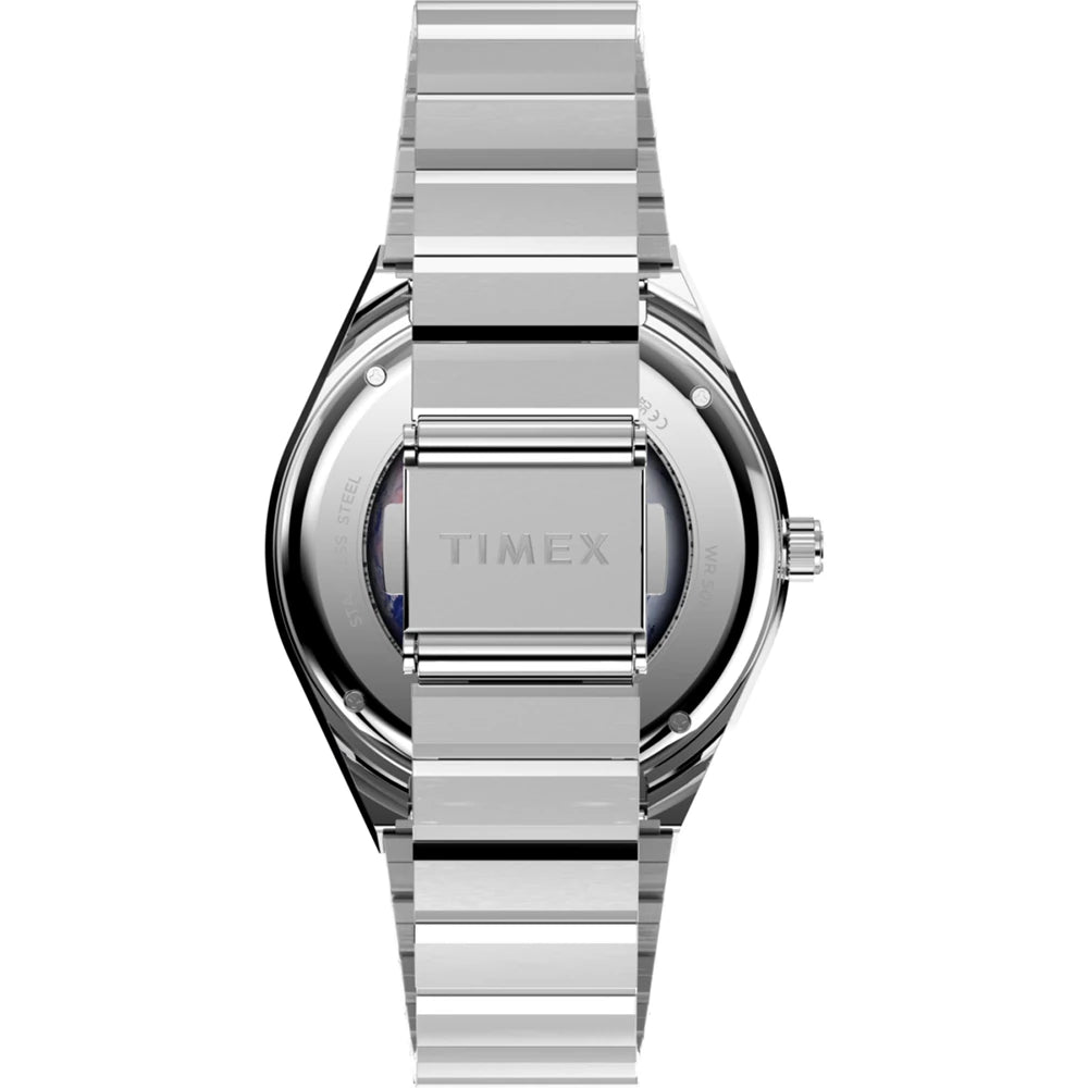 Silver Timex watch on a white background