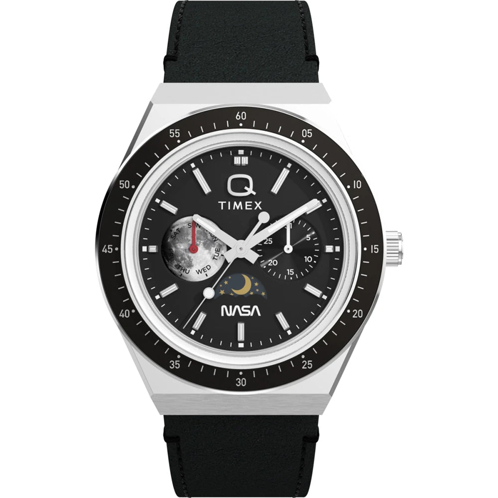Timex watch with black strap and black face on a white background