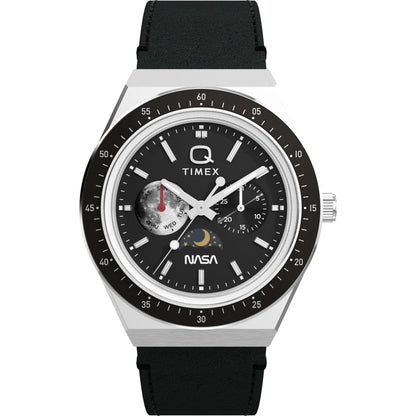 Timex watch with black strap and black face on a white background
