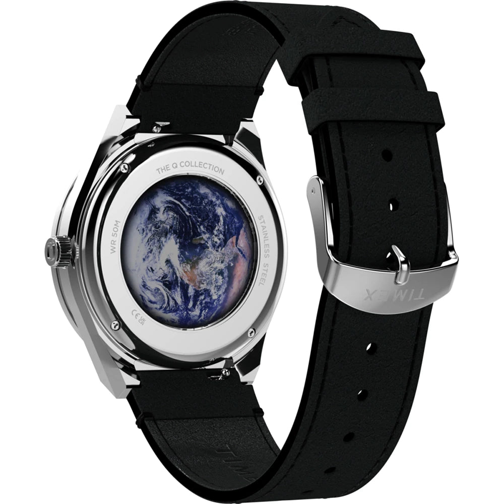Watch with black strap and silver case on a white background