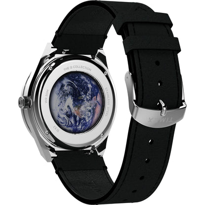Watch with black strap and silver case on a white background