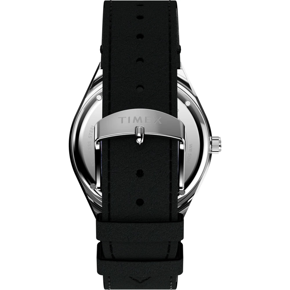 Timex watch with black strap and silver case on a white background