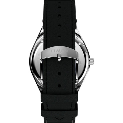 Timex watch with black strap and silver case on a white background
