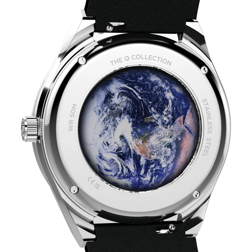 Watch with a detailed depiction of Earth on its face, branded 'Q Collection'.