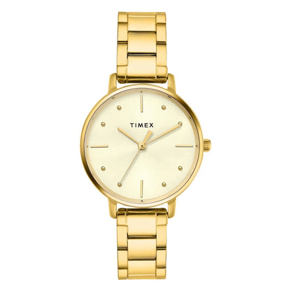 Gold Timex watch on a white background