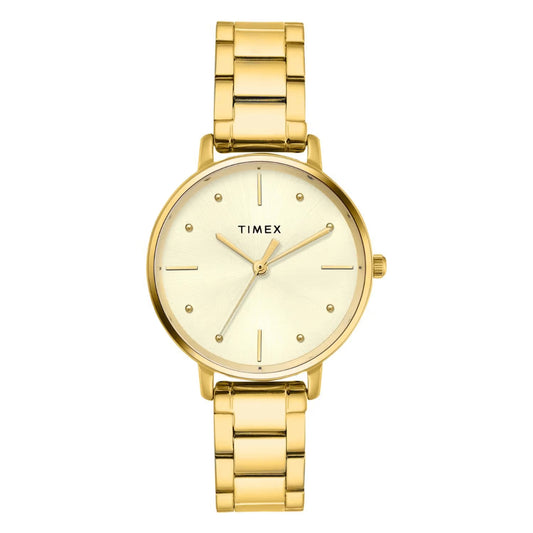 Gold Timex watch on a white background