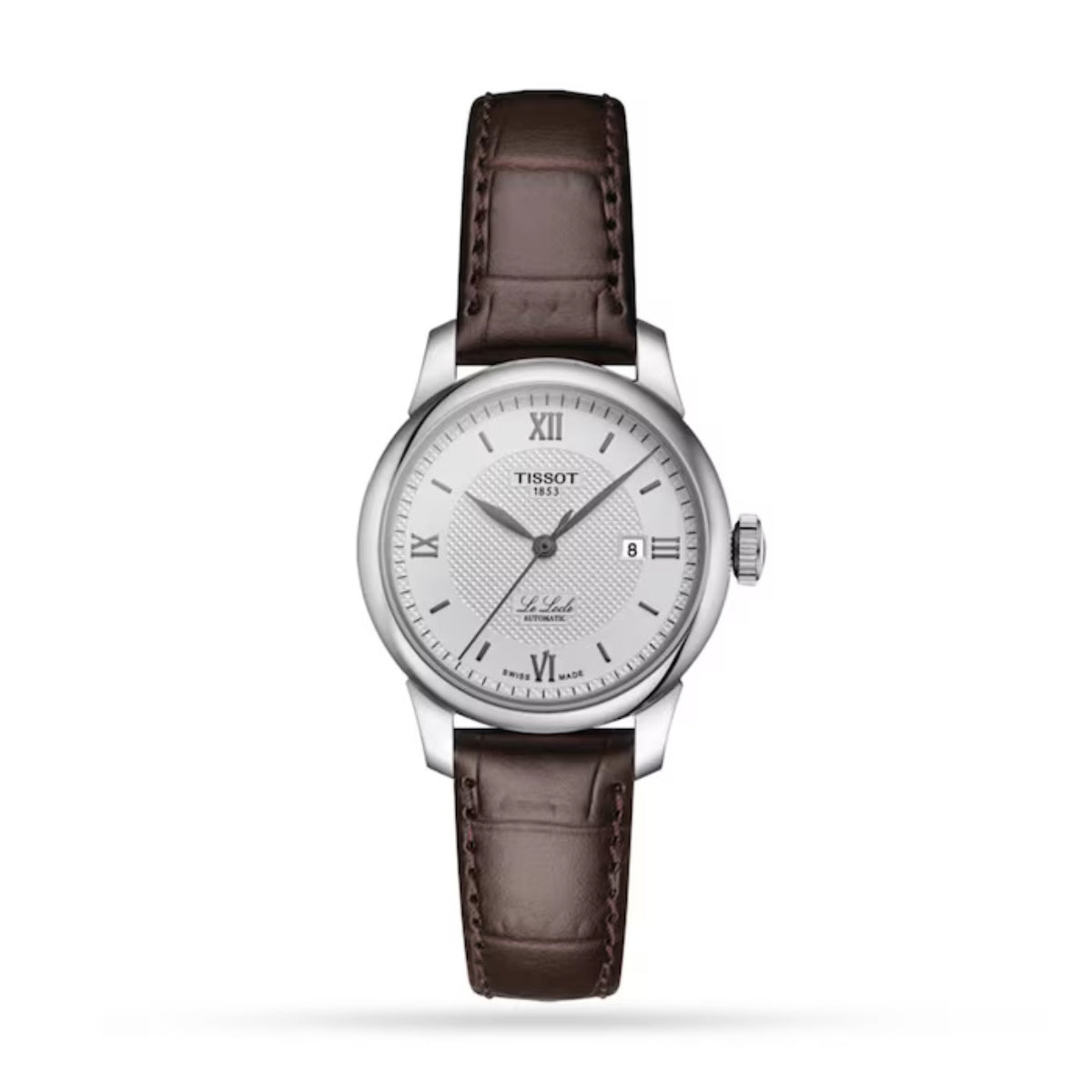 Tissot watch with brown leather strap on a white background