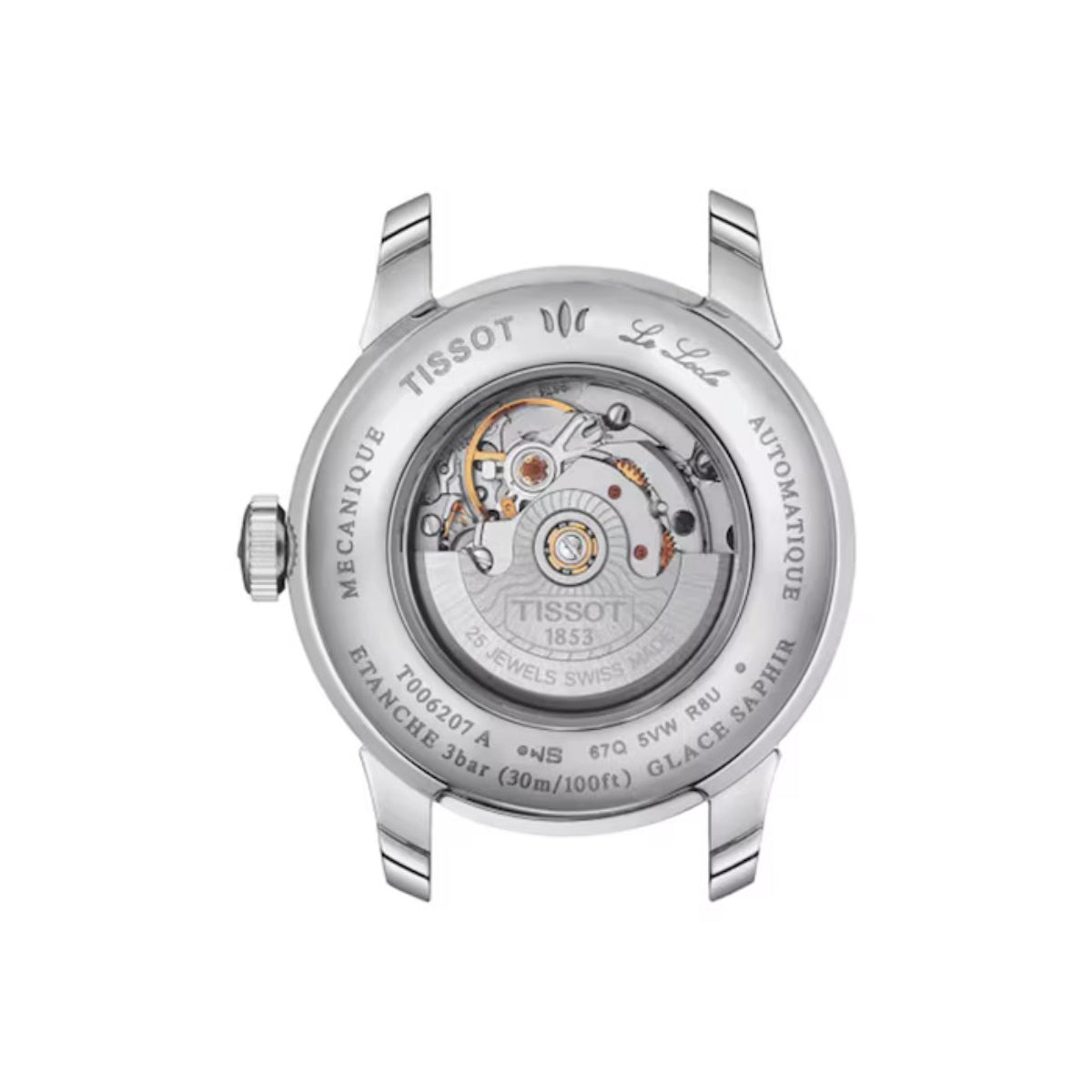 Tissot watch back with mechanical movement on a white background