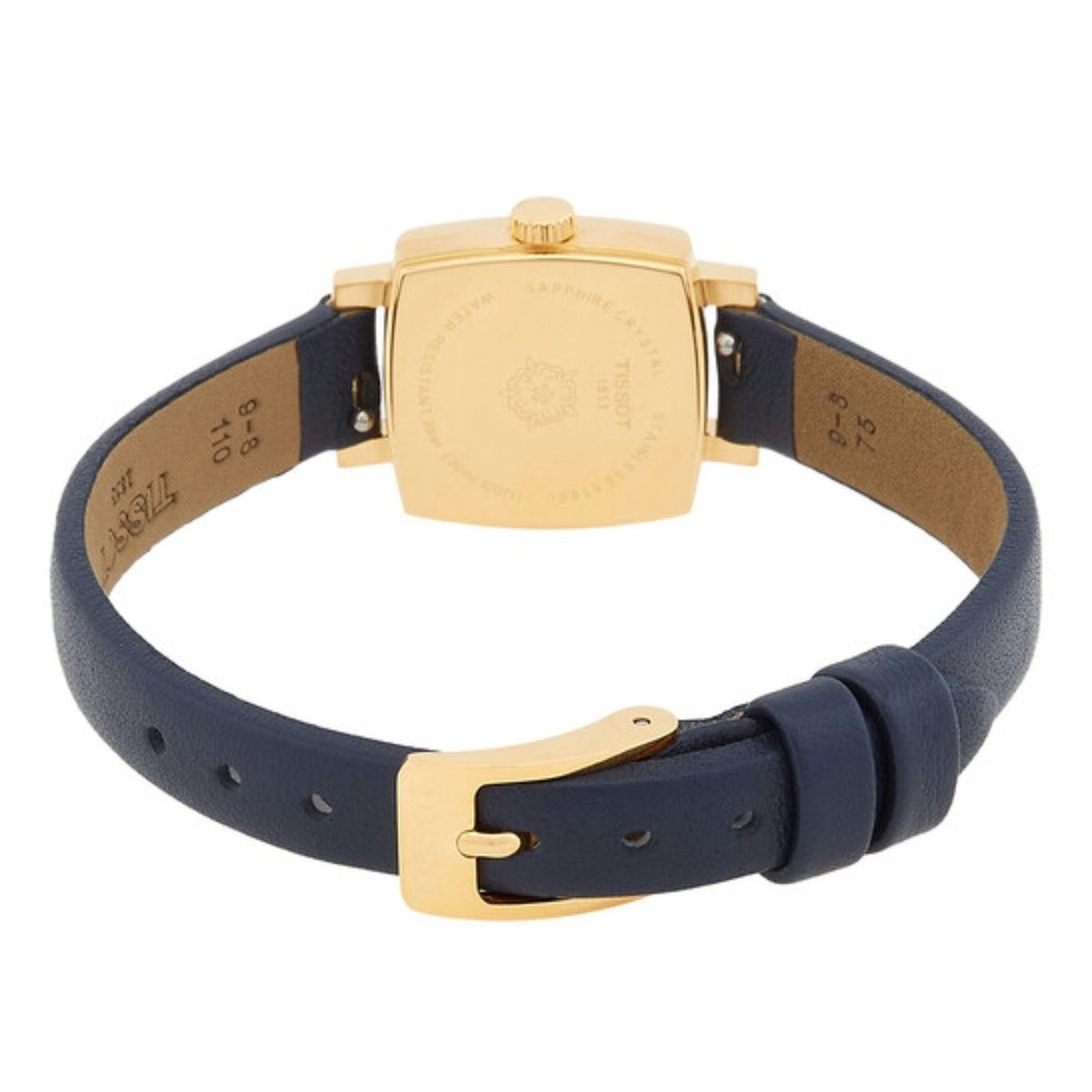 Gold watch with navy leather strap on a white background