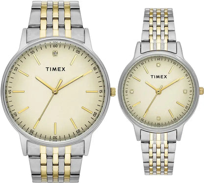 Two Timex watches with silver and gold two-tone bands on a white background